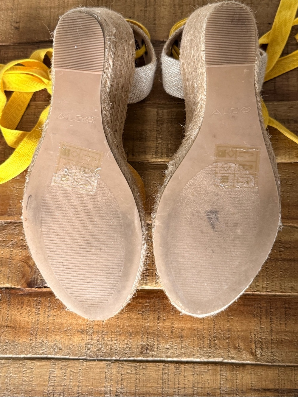 Aldo Mustard Yellow Espadrille Wedge Sandals with Wrap Tie - Picture 9 of 9